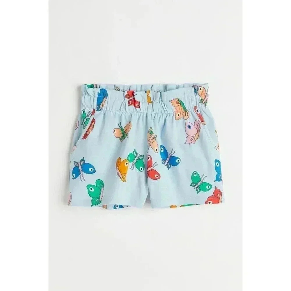 H&M Girls Light Blue Cotton Jersey Shorts Butterflies, Size 5-6Y
